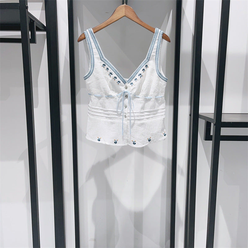 Blusa Mori con cuello en V, manga corta y cordones